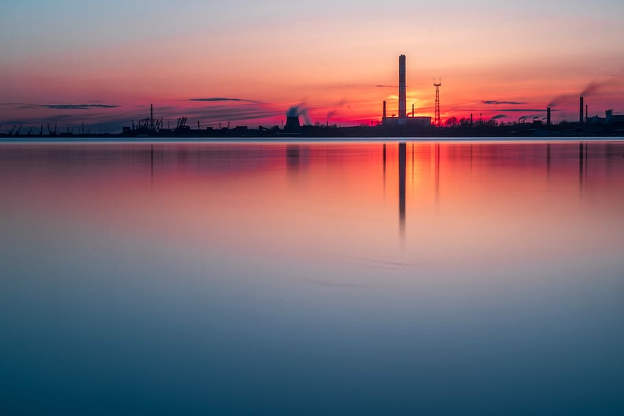 sunset, pipe, factory, red, water, lake, mirror, river, cloud HD wallpaper