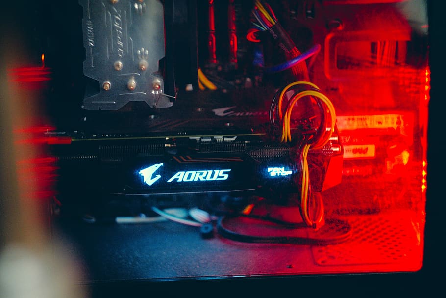 pc, neon, light, red, blue, tech, computer, technology, close-up HD wallpaper