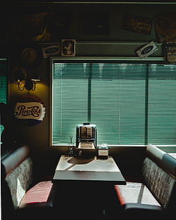 booth, window, blinds, brand, coca cola, bottle cap, eat, diner HD wallpaper