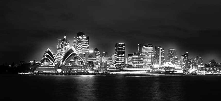 australia, kirribilli, beulah st wharf, cityscape, night, black and white, HD wallpaper