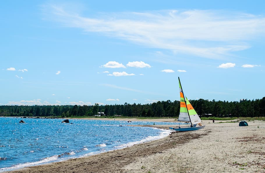 trees, lake, forest, boat, sail, sailing, clouds, summer, beach HD wallpaper