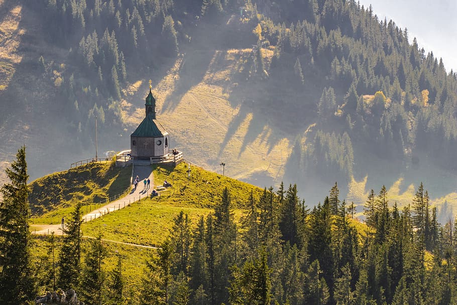landscape, mountains, mountain chapel, reported, wallberg, tree HD wallpaper