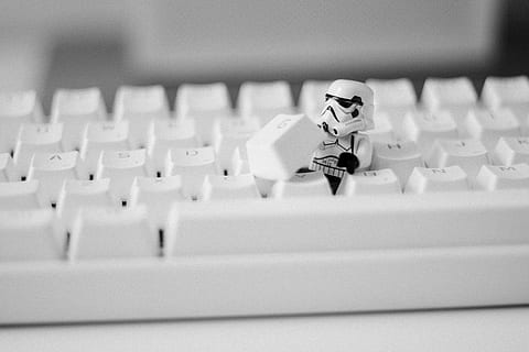 Star Wars Stormtrooper under keyboard key, figurine, indoors HD wallpaper