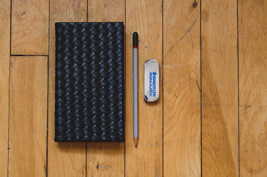 journal, book, leather, flatlay, floor, wood, eraser, art, draw HD wallpaper