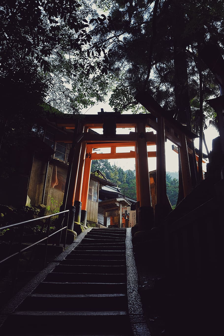 japan, shadows, shrine, architecture, tree, staircase, built structure HD wallpaper