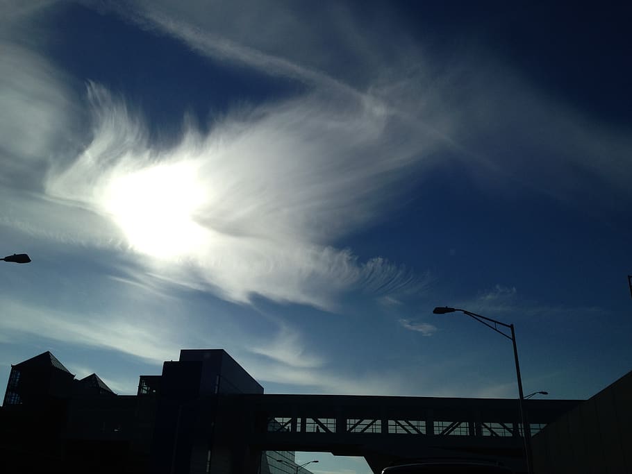 cloud, angel, sunlight, bridge, blue sky, cloudscape, street light HD wallpaper
