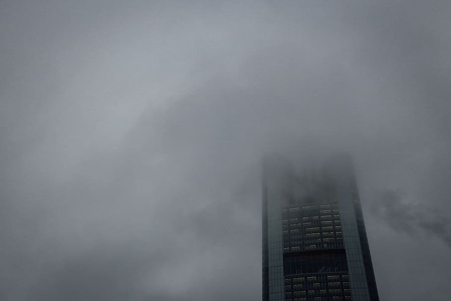 frankfurt, germany, clouds, skyscraper, bank, fog, architecture HD wallpaper