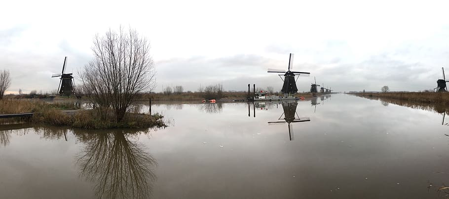 kinderdijk, netherlands, peaceful, water, reflection, sky, waterfront HD wallpaper