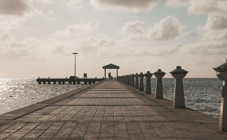 grey concrete dock, water, waterfront, pier, port, person, human HD wallpaper