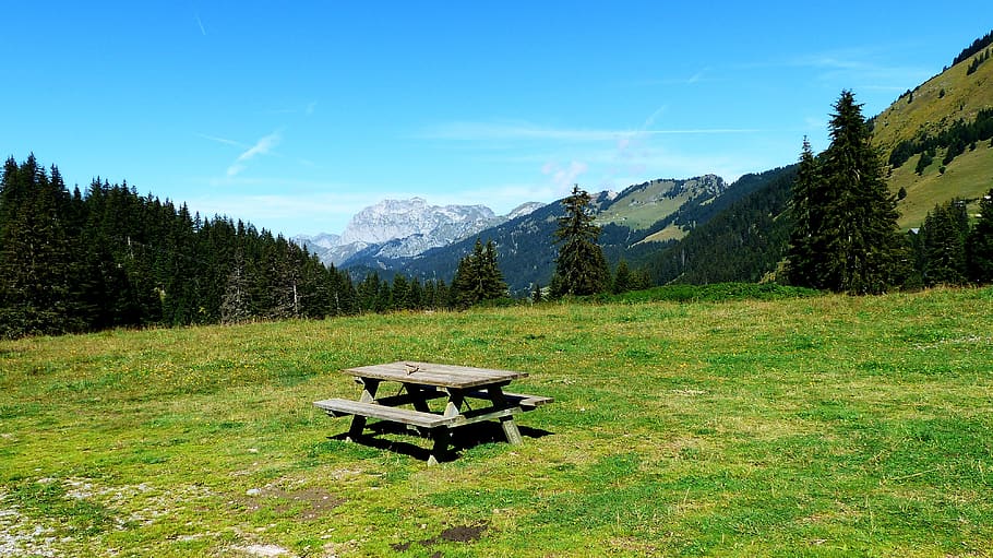 nature, landscape, alpine, bench, rest, mountains, view, panorama HD wallpaper