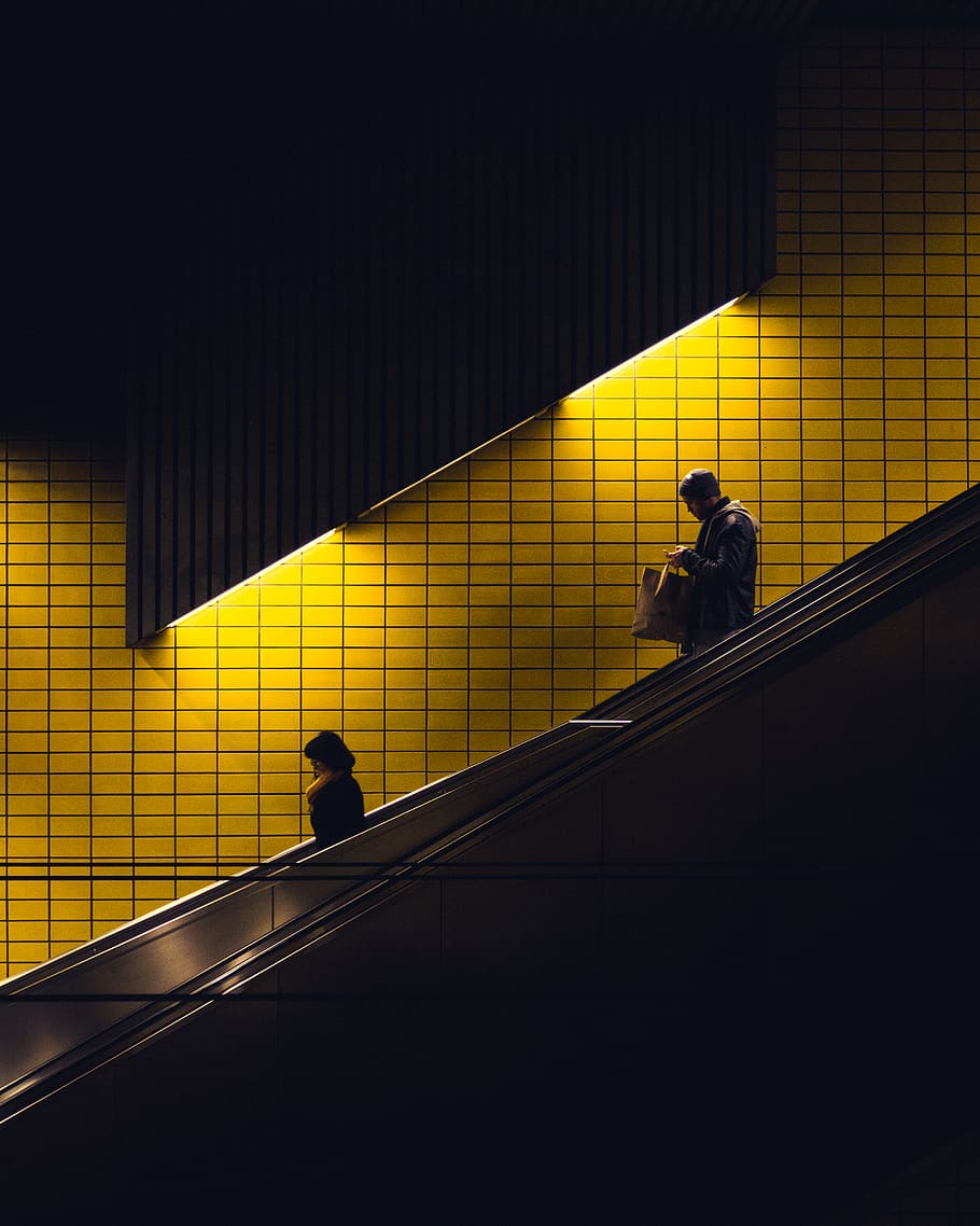 two person on stair across yellow wall, street, city, subway, HD wallpaper