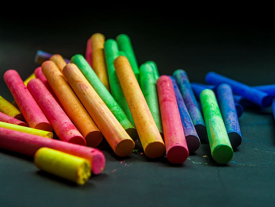 Assorted-color Pencils Lot, background, blue, chalk, close -up HD wallpaper