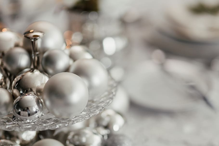 Silver Christmas decorations, xmas, christmas eve, dining, dining room