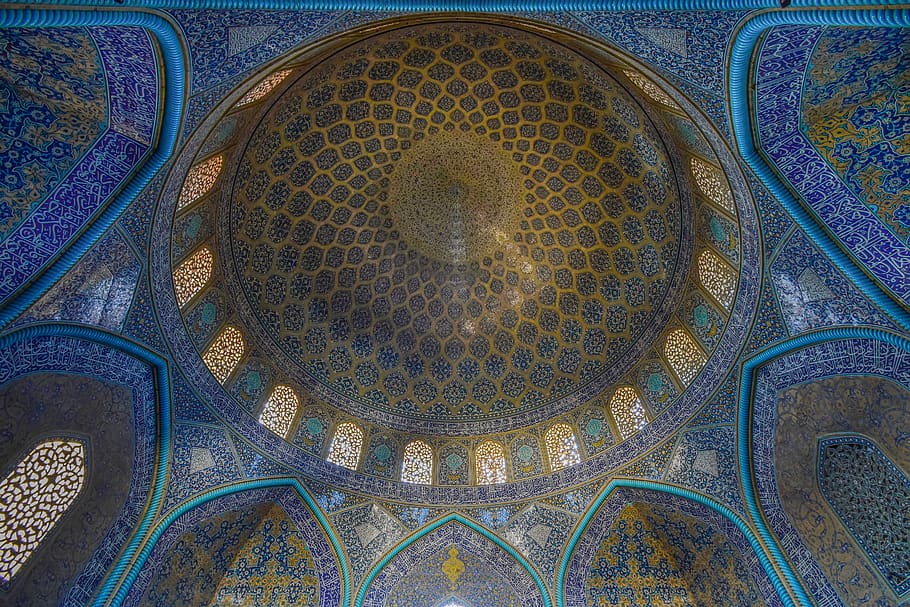 blue and orange dome building, architecture, apse, rug, mosque