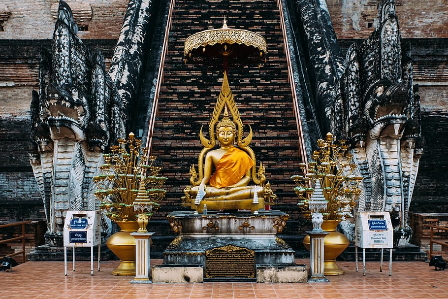 golden buddha by stairs, building, architecture, temple, worship HD wallpaper