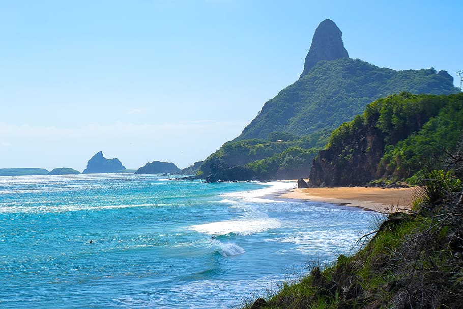 brazil, fernando de noronha, surfer, green, mountain, trees