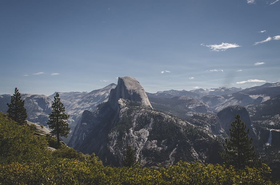 mountains, landscape, peaks, valleys, rocks, cliffs, trees HD wallpaper