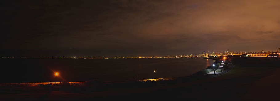 melbourne, city, ocean, light, dark, water, night, architecture HD wallpaper