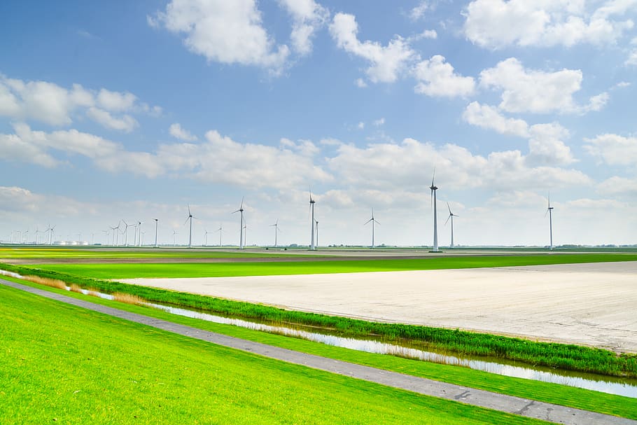 Green Field Near Wind Mills, bright, cloud, clouds, cropland HD wallpaper