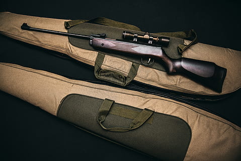 Black Rifle With Scope and Brown Gig Bag, army, case, firearm HD wallpaper