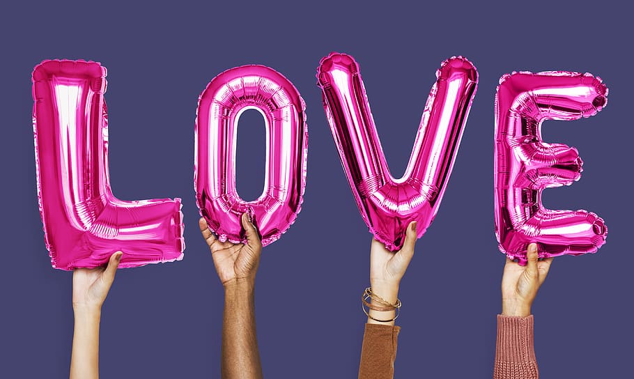 Pink Love Balloons, hands, studio shot, text, human body part HD wallpaper
