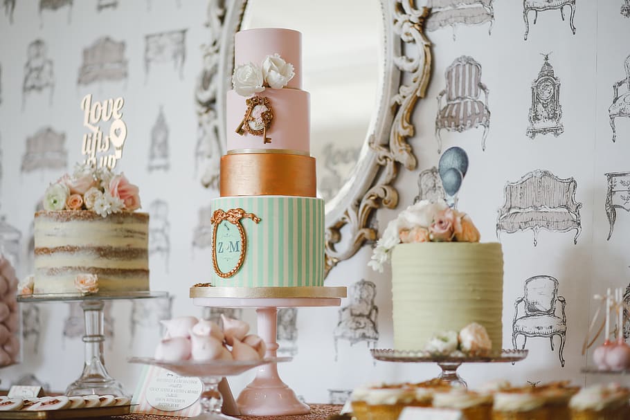 three assorted cakes near white framed mirror, sketch, drawing HD wallpaper