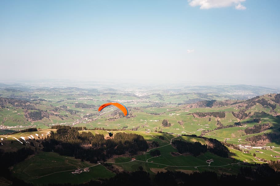 red parachute in flight, adventure, leisure activities, gliding HD wallpaper
