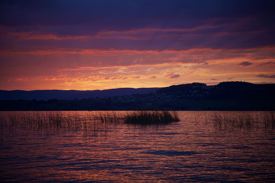 sunset, lake, mountains, nature, landscape, sky, clouds, summer HD wallpaper