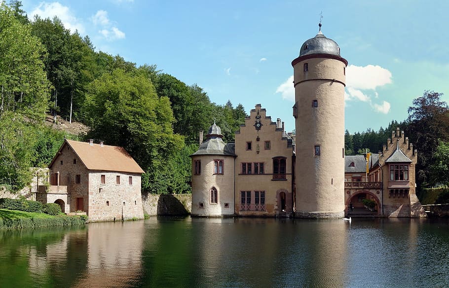 mespelbrunn, castle, construction, architecture, urban, river HD wallpaper