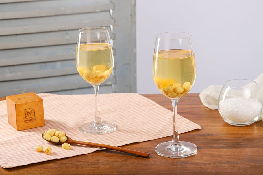 two tulip wine glasses on table, goblet, beverage, alcohol, drink HD wallpaper
