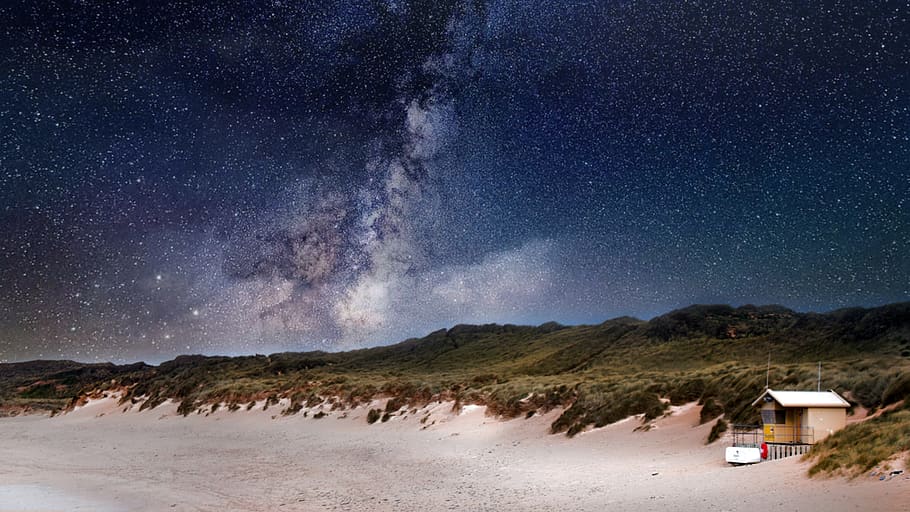 House Near Mountains during Night Time, astronomy, beach, coast HD wallpaper