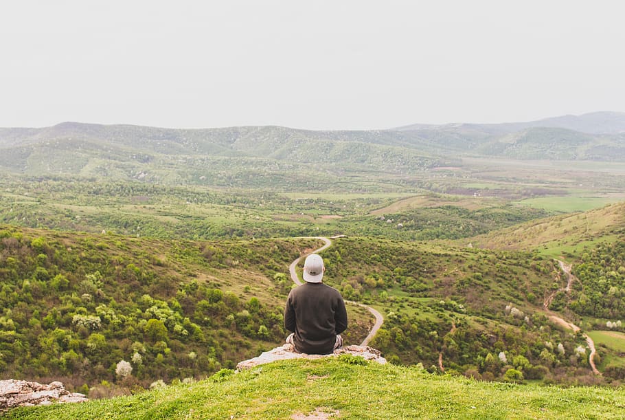 Man Sitting on Mountain Facing Forest Field, grass, landscape HD wallpaper