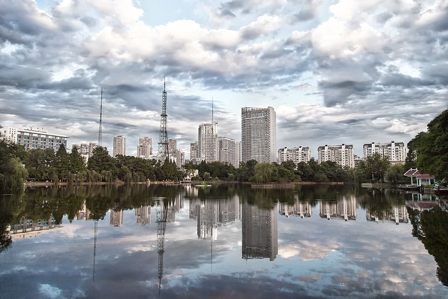 reflection, cloud - sky, architecture, building exterior, water HD wallpaper