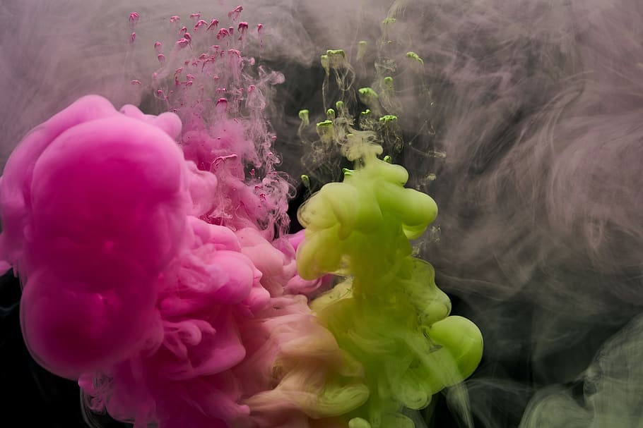 ink, water, pink, green, liquid, color, paint, abstract, watercolor, HD wallpaper