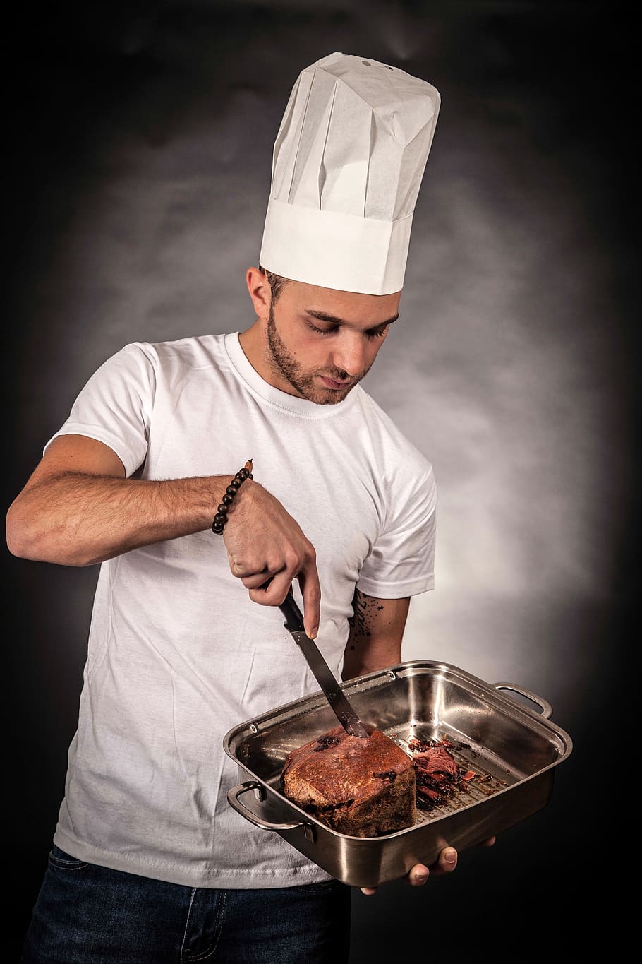 Chef Holding Tong, cook, food, kitchen, man, meat, pan, person