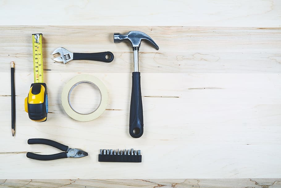 Construction Tools Flatlay Photo, Craft/DIY, work tool, directly above, HD wallpaper