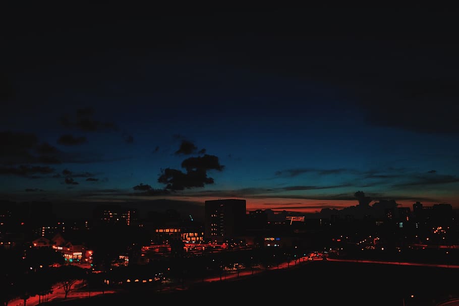 sunset, sky, night, evening, view, blue, building, city, town HD wallpaper