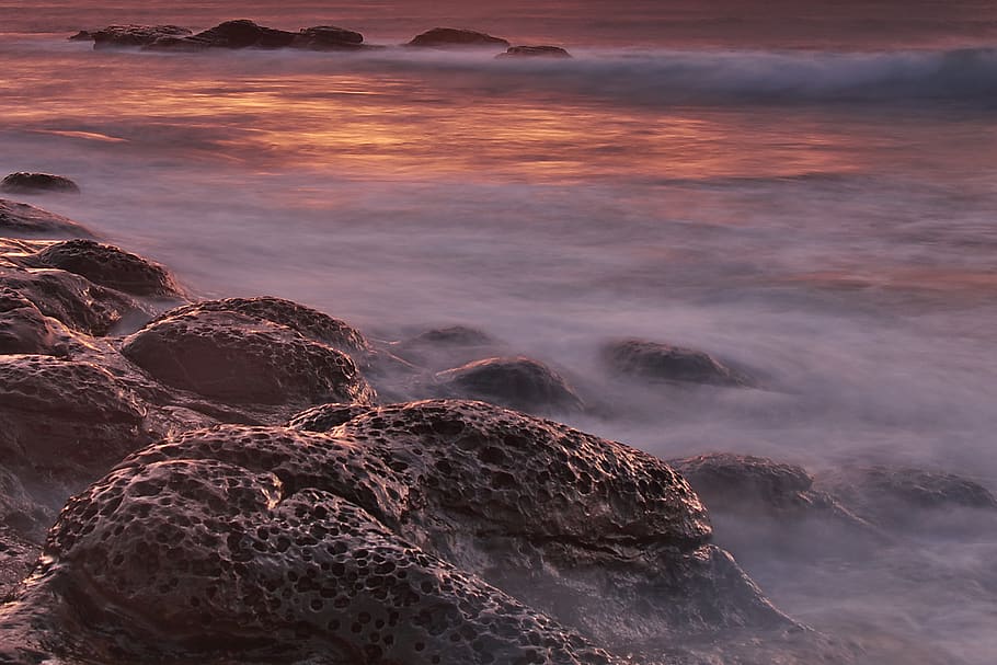 Brown and Black Rock Formations With Fog during Sunset, beach HD wallpaper