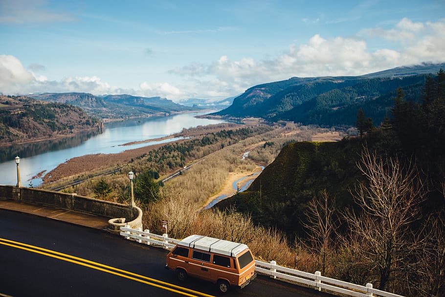 brown van on road, cloud - sky, transportation, beauty in nature HD wallpaper