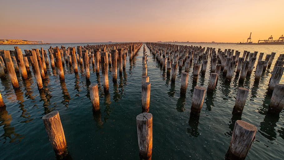 brown post stamp lot, sunset, sky, wooden post, nature, water HD wallpaper
