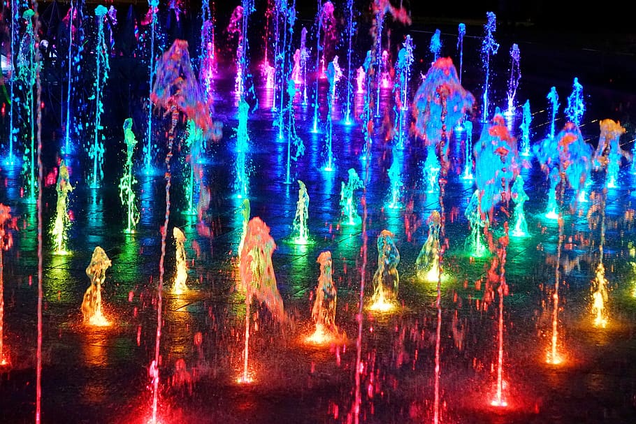 colored, water, fountain, lublin, poland, rainbow, entertainment