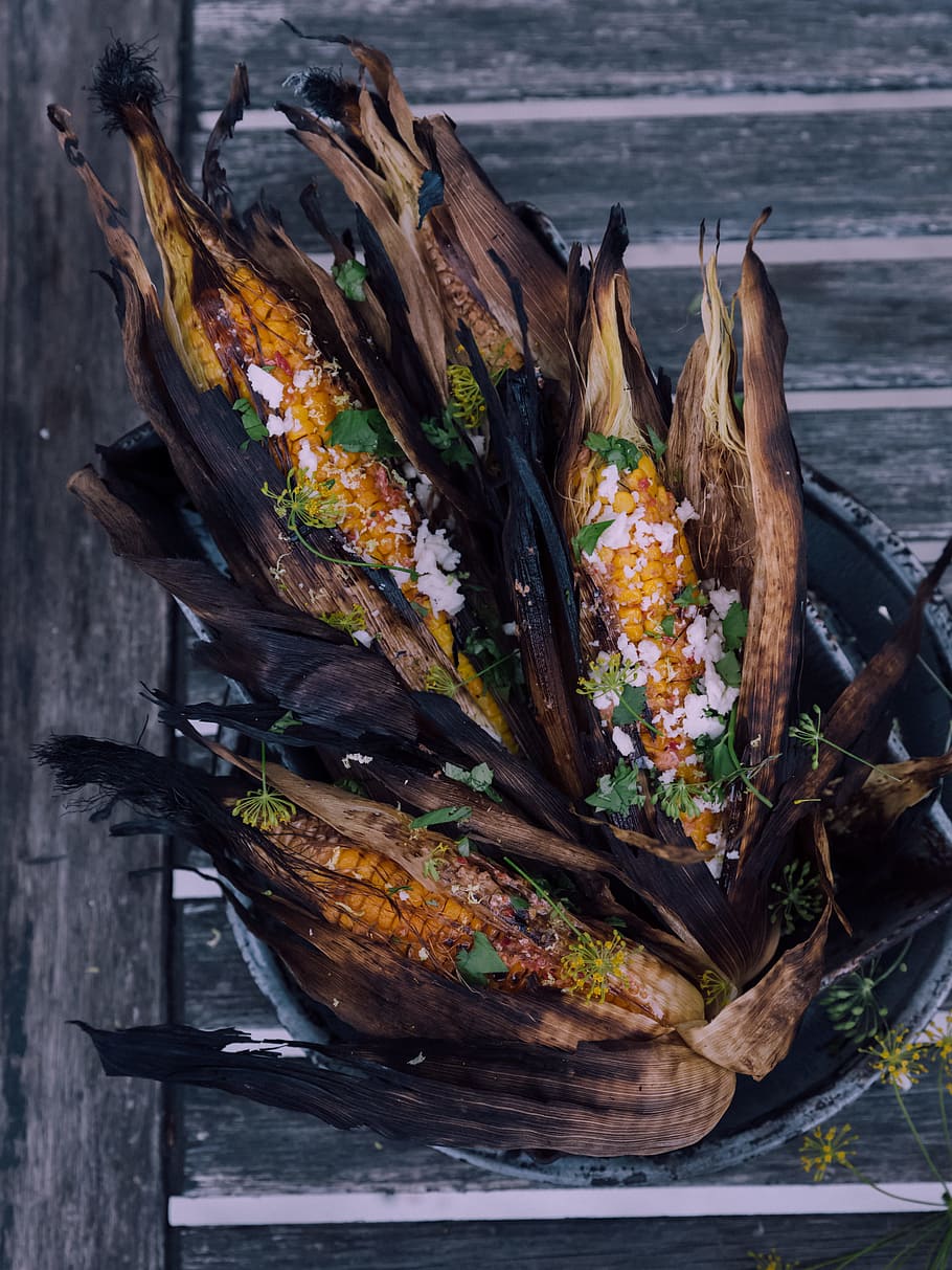 four grilled corns on gray bucket, sweetcorn, bowl, salad, heatlhy HD wallpaper