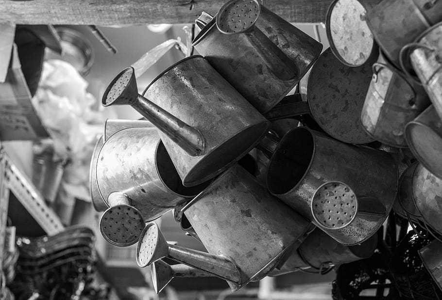 gray watering can lot, tin, transportation, motorcycle, vehicle HD wallpaper