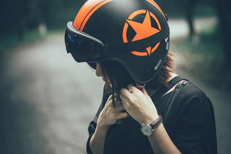 Woman on Black and Orange Half-face Helmet, blurred background, HD wallpaper
