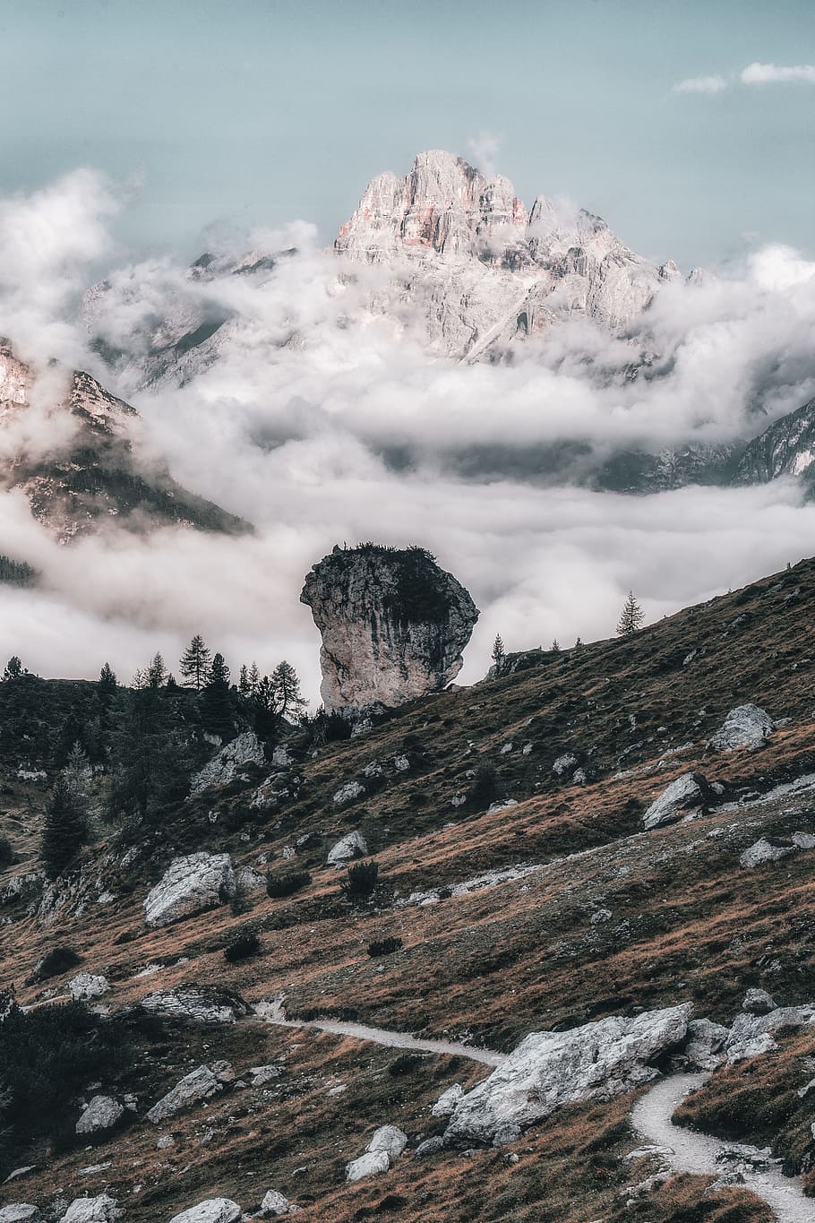rocks on top of mountain, cloud, cliff, mist, fog, outdoors, wanderlust HD wallpaper