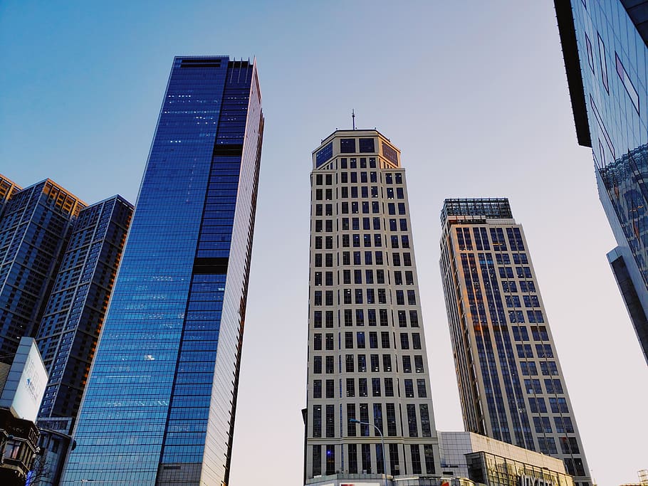 Buildings, architecture, city, downtown, high-rise, low angle shot HD wallpaper