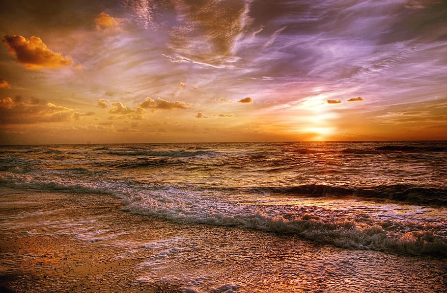 Ocean Water during Sunset, beach, clouds, clouds form, cloudy HD wallpaper