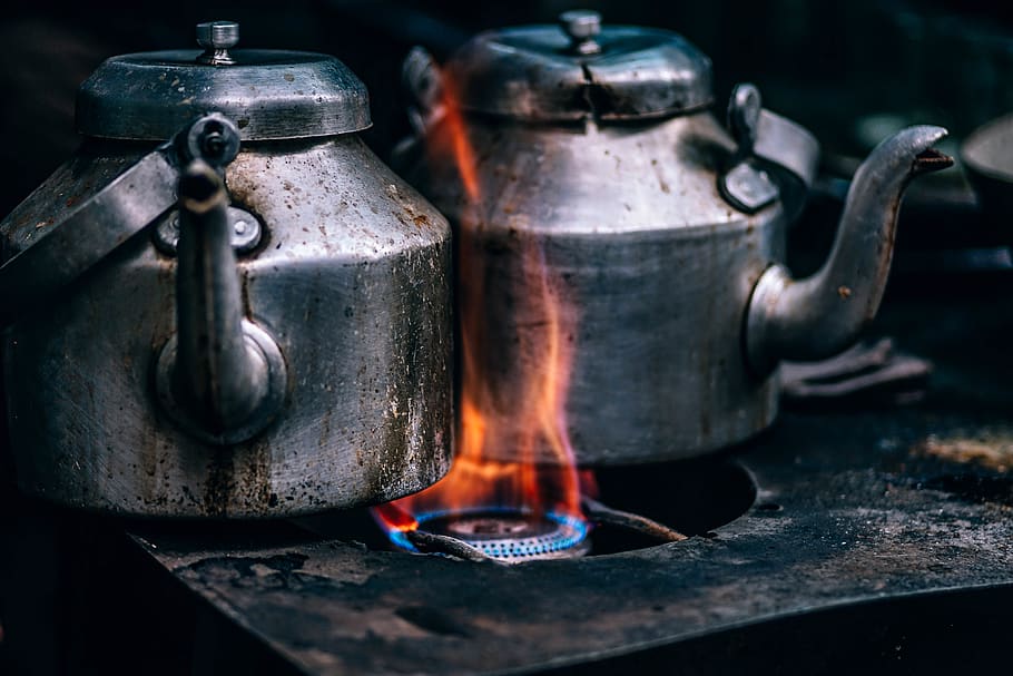 two silver kettle burning, fire, heat - temperature, household equipment HD wallpaper