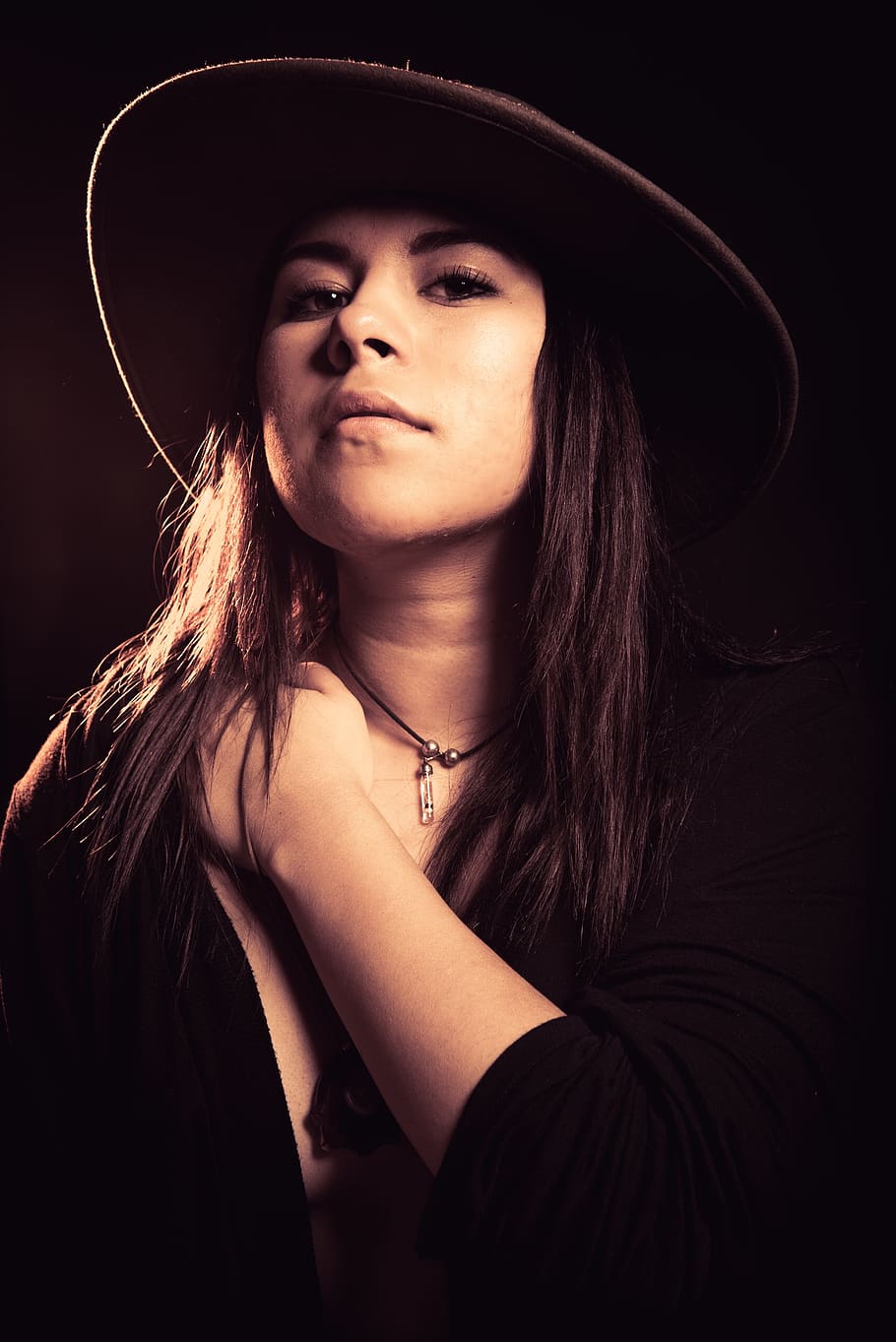 portrait, studio, lighting, model, warm, hat, young adult, looking at camera HD wallpaper