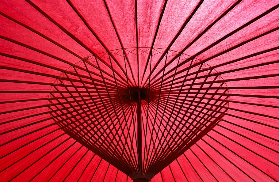 red oil-paper umbrella, texture, abstract, object, symmetry, geometric HD wallpaper